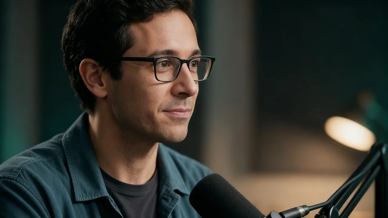 A presenter at a microphone in the generated first frame